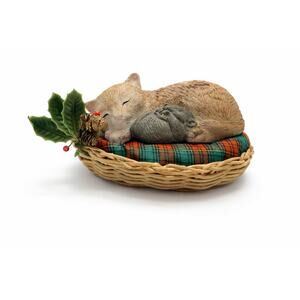 Vintage Christmas Sleeping Cat and Mouse Figurine in Woven Basket Plaid Blanket
